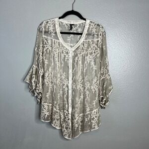 Gretty Zueger Sheer‎ Lace Embroidered Top Size XS Boho Bell Sleeve Button Up